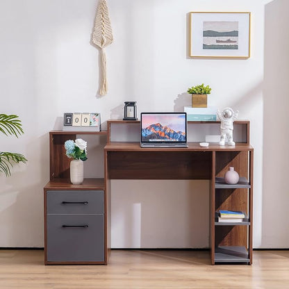 ivinta Computer Desk with Storage Shelves and Drawers, 52" Office Desk with Hutch and Storage Shelf, Modern Writing Desk Study Table for Living Room, Bedroom, Home Office 7116 (Brown)