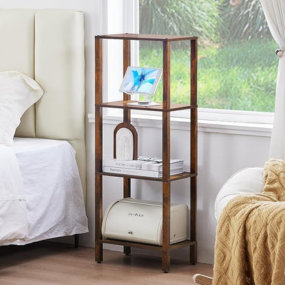 YUFAM 4 Tier Tall Wooden Bookshelf with Storage - Small Bookcase for Small Spaces, Shelf for Living Room, Office, Bedroom, Kitchen - Industrial Retro Brown Book Shelf