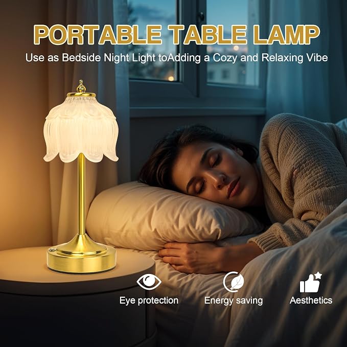 Cordless Lotus Flower Table Lamp, 5200mAh Rechargeable Battery Operated Portable Lamp, 3-Color Dimmable Touch Control Small Desk Lamp for Bedroom, Office, Kitchen, Nightstand,Room Decor(White)