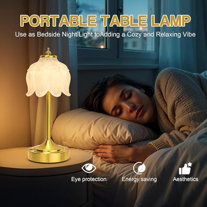Cordless Lotus Flower Table Lamp, 5200mAh Rechargeable Battery Operated Portable Lamp, 3-Color Dimmable Touch Control Small Desk Lamp for Bedroom, Office, Kitchen, Nightstand,Room Decor(White)