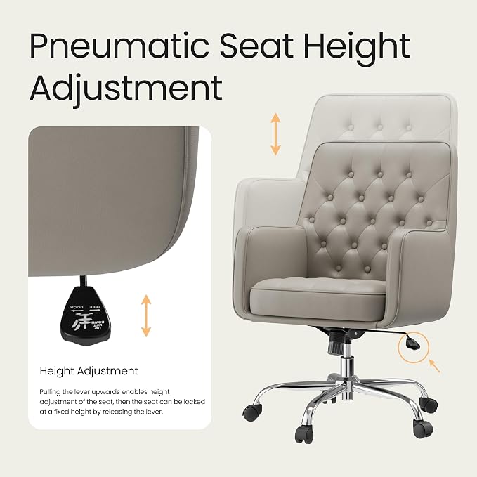 COLAMY Verso Home Desk Chair with Armrest, Leather Swivel Office Chair Adjustment Height with Wheels, Comfortable Padded Seat, Khaki