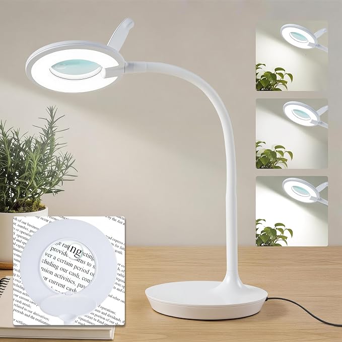 Magnifier Desk Lamp, Flexible Gooseneck, 2-in-1 Magnifying Glass 3X+6X Led Work Light for Elderly Reading, 3 Dimmable Office Magnifying Lamp, Hands Free Mag Desk Lamp for Crafts Sewing Needlepoint