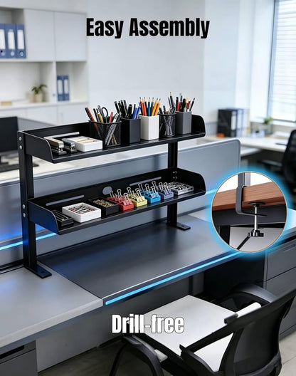 Yuxh Desk Clamp Shelf 15 Inch, Black | Space-saving, clip on or under shelf for panel tabletop, office, study room & gaming setup, easy drill-free assembly