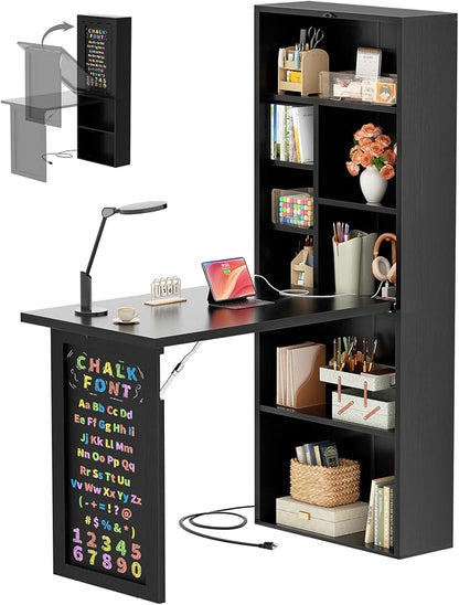 Armocity Small Folding Desk with Outlets, Convertible Writing Desk for Small Spaces/Home Office/Craft Room, Multi-Function Desk Workstation with Blackboard, Fold-Out Cabinet Table, Black
