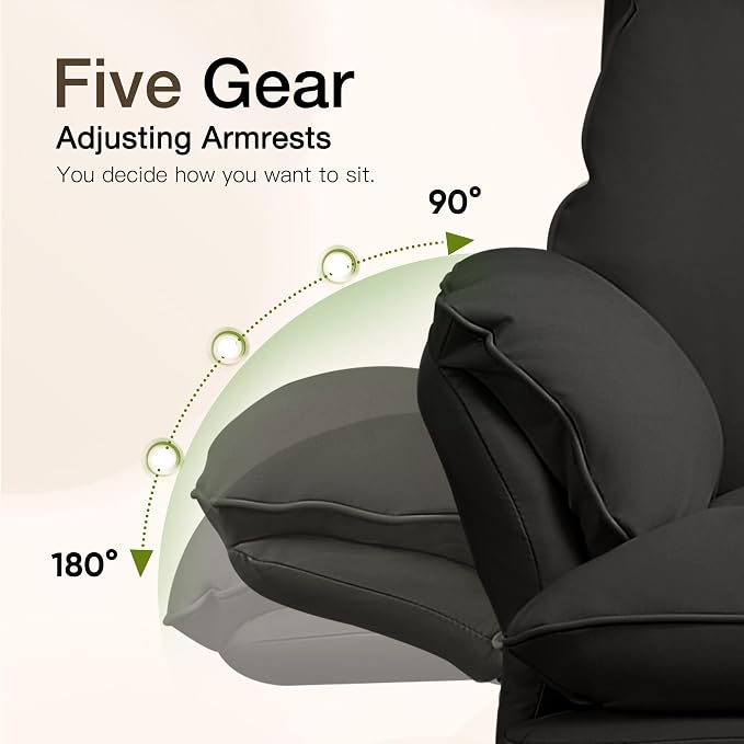 Cloud Cross Legged Office Chair with Footrest,Leather Big and Tall Executive Ergonomic Chair, Flip Armrests for Pets,155° Reclining Computer Wide Desk Chair for Home,Office (Black)