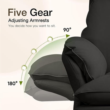 Cloud Cross Legged Office Chair with Footrest,Leather Big and Tall Executive Ergonomic Chair, Flip Armrests for Pets,155° Reclining Computer Wide Desk Chair for Home,Office (Black)
