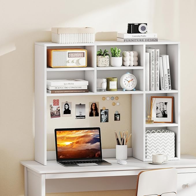 LDAILY Desktop Bookshelf, 37’’ Wood Desk Shelf with 7 Cubes & 3 Adjustable Shelves, 3-Tier Desk Display Rack, Desk Hutch for Dorm College Office Computer Monitor Up to 27’’ (White, 7 Shelves)