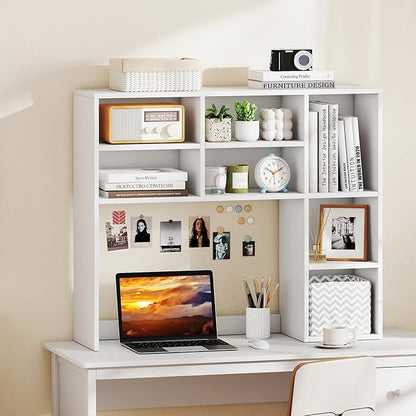 LDAILY Desktop Bookshelf, 37’’ Wood Desk Shelf with 7 Cubes & 3 Adjustable Shelves, 3-Tier Desk Display Rack, Desk Hutch for Dorm College Office Computer Monitor Up to 27’’ (White, 7 Shelves)