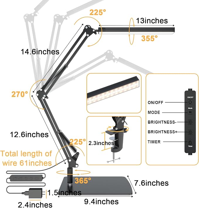 TROPICALTREE LED Desk Lamp for Home Office and Round Base, Clamp-On with 5 Light Modes & Auto Shut Off | 14W Adjustable Brightness 5000K Eye-Caring Lighting for Study/Bedroom/Computer Desk