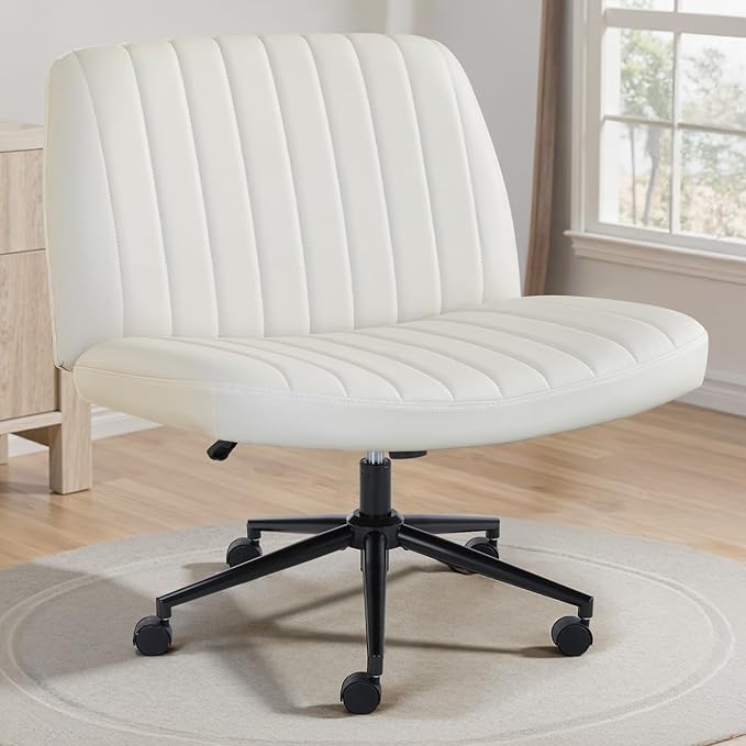 OLIXIS Criss Cross Chair with Wheels Wide Cross Legged Office Desk Vanity Chair Comfy Fabric Armless Adjustable Swivel for Home Computer Task PU Beige