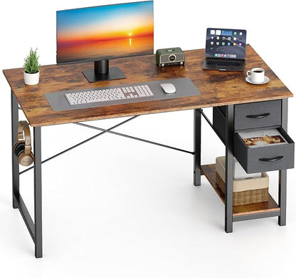 Sweetcrispy 40 Inch Computer Desk with Drawers for Home Office Writing Desk X Shaped Reinforcement Wood Surface Adjustable Position Modern Study Work Side Hook Metal Frame Storage Station Rust
