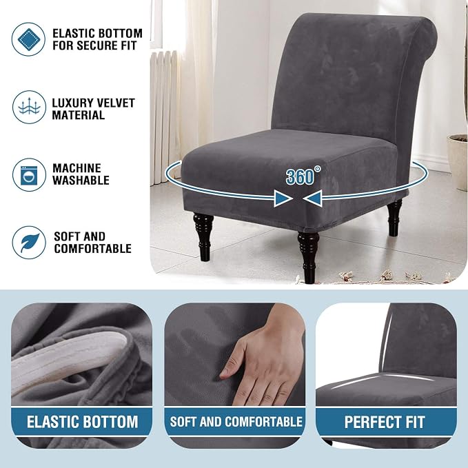 H.VERSAILTEX Armless Accent Chair Covers Thick Velvet Armless Chair Slipcovers High Stretch Chair Covers for Living Room Hotel Machine Washable Furniture Protector with Elastic Bottom(Small, Grey)