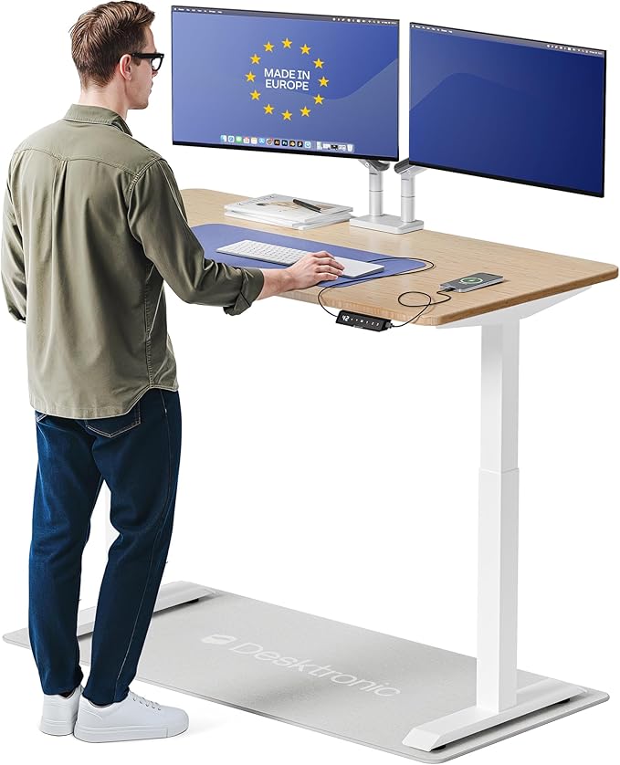 Desktronic HomeOne Standing Desk 54x28 — Ergonomic Sit Stand Home Office Desk, Made in Europe, Electric Dual Motor Height Adjustable, USB & USB-C Charging, Wobble-Free, Touchscreen, 3 Memory Presets