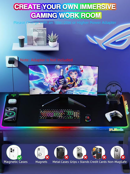 Mouse Pad with 15W Magnetic Wireless Charging, RGB Mousepad for Desk Mat, XXL Desk Pad with 11 Colors 5 Modes, Home Office Keyboard Pad Waterproof Non-Slip for PC Gaming