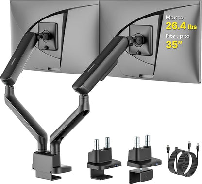 monTEK Dual Monitor Arm with USB, Mechanical Spring Desk Mount for 17 to 35 Inch Screens, Smooth Precision Bearings, Holds up to 26.4 lbs Per Arm, C-Clamp/Grommet Base, Perfect for Office Workspaces