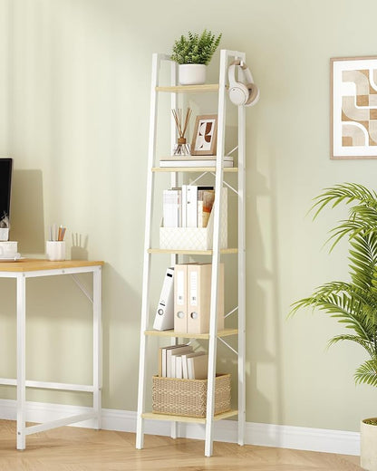 Hzuaneri Ladder Shelf, Bookshelf Bookcase, Freestanding Corner Storage Shelve with 2 Hooks for Home Office, Living Room, Kitchen, Bedroom, Industrial, 11.8" D x 13.4" W x 63" H, White Oak and White