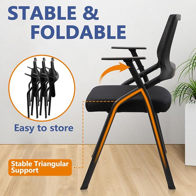 CLATINA Stackable & Foldable Office Chairs with Ergonomic Lumbar Support and Thickened Seat Cushion, Folding Mesh Fabric Reception Guest Chair for School Church Conference Waiting Room Black (2pk)