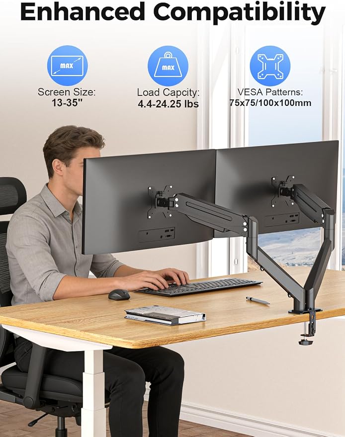 Suptek Dual Monitor Mount Stand-Height Adjustable Gas Spring Monitor Arm Desk Mount for 2 Computer Screens 17 to 35 inches - Each Arm Holds up to 24.25lbs,Black(MD8SP)