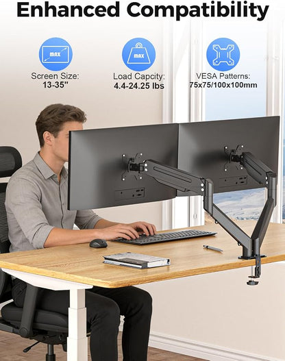 Suptek Dual Monitor Mount Stand-Height Adjustable Gas Spring Monitor Arm Desk Mount for 2 Computer Screens 17 to 35 inches - Each Arm Holds up to 24.25lbs,Black(MD8SP)