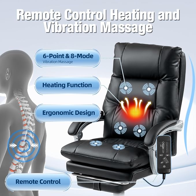 Massage Office Chair with Foot Rest, 400 LBS Ergonomic Executive Chair, High Back Reclining Leather Desk Chair with 135° Recline, 6-Point Vibration and Heat, Modern