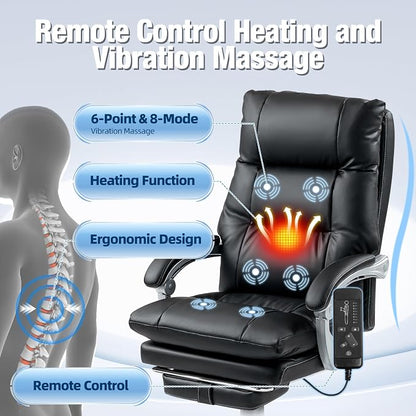 Massage Office Chair with Foot Rest, 400 LBS Ergonomic Executive Chair, High Back Reclining Leather Desk Chair with 135° Recline, 6-Point Vibration and Heat, Modern