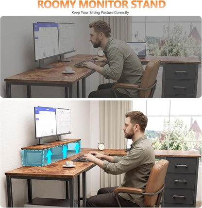 Korfile 66" L Shaped Computer Desk with Power Outlets, Home Office Desk with 4 Adjustable Storage Drawers & 2 Monitor Stands, Large Two Person Gaming Table for Writing Study, Rustic Brown