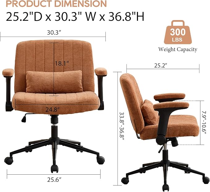 IPKIG Criss Cross Chair with Adjustable Flip-up Arms, Vanity Chair with Wheels, Comfy Desk Chair with Lumbar Pillow Swivel Wide Office Chair for Home Office, Bedroom, Chenille, Orange