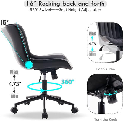 YOUNIKE Black Office Desk Chair with Wheels Comfy Armless Small Vanity Chair with Adjustable Rocking Back Modern Leather Upholstered Rolling Task Computer Chair Cute Swivel Drafting Chair Compact