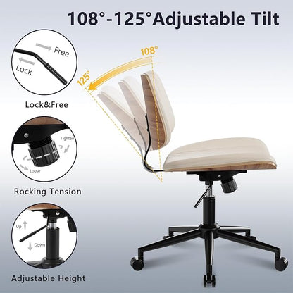 Modern Armless Office Chair with Wheels, Adjustable Swivel Desk Chair with Wide Seat and Tilt Function, Faux Leather Mid Century Task Chair for Home Office, Bedroom, Vanity, Beige