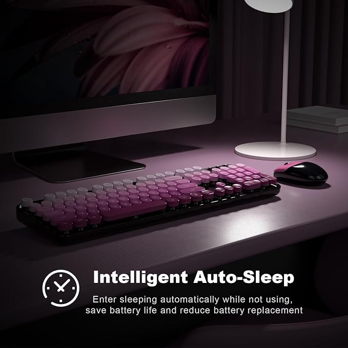 Wireless Keyboard and Mouse Combo, MOWUX Full Size Typewriter Retro Round Computer Keyboard, Cute Optical Mouse Wireless, Plug and Play, for Laptop, PC, Computer-Black Pink Gradient
