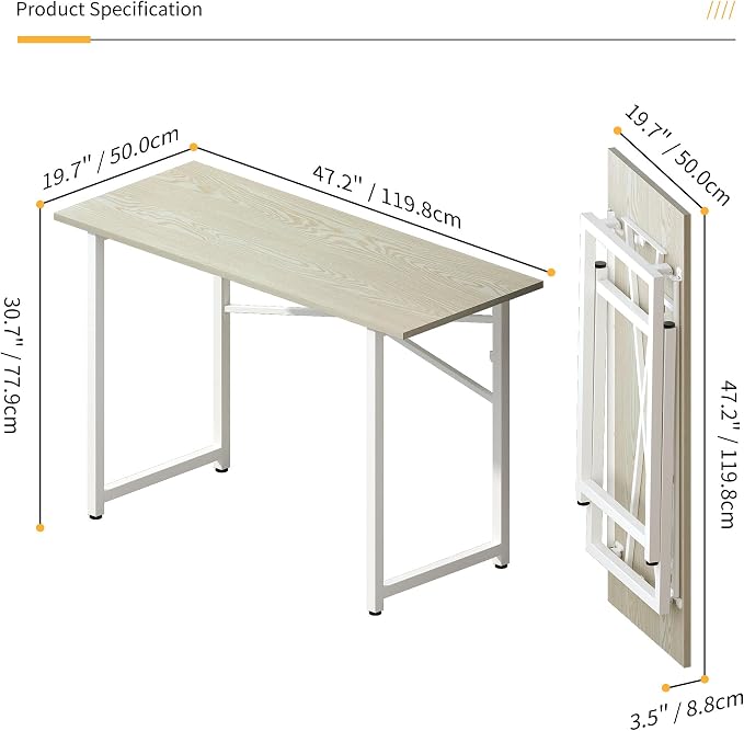 Lutown-Teen 47 inch Folding Desk, Writing Gaming Computer Camping Table, No Assembly Required Home Office Desk, Natural and White