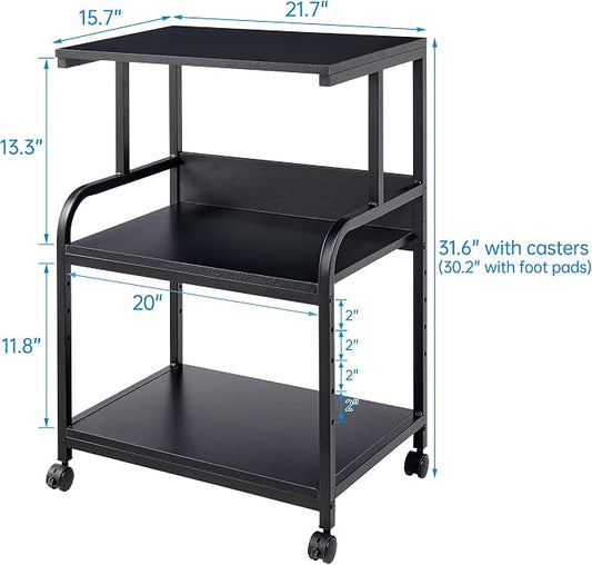 Fannova Printer Stand, 3 Tier Printer Table with Height Adjustable Storage Shelf, Rolling Printer Cart with Wheels for Home Office Organization, Black