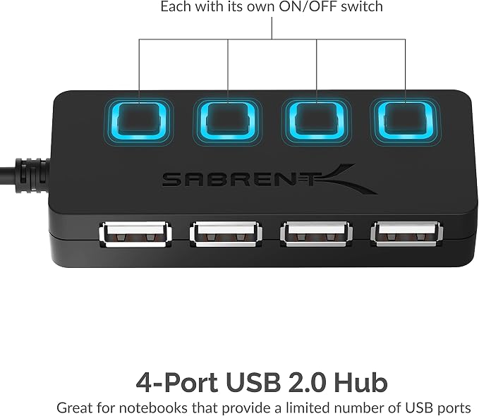 SABRENT 4 Port USB 2.0 Data Hub with Individual LED lit Power Switches [Charging NOT Supported] for Mac & PC (HB-UMLS) (Pack of 2)