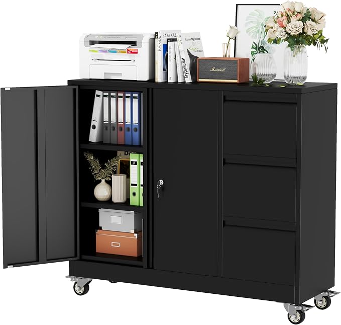 winiowa Mobile 3-Drawer File Cabinet with Wheel, Metal Lateral Rolling Printer Stand Filing Cabinets with Lock, Office Storage Cabinet for Office, Home, Garage, School, Gym-Black