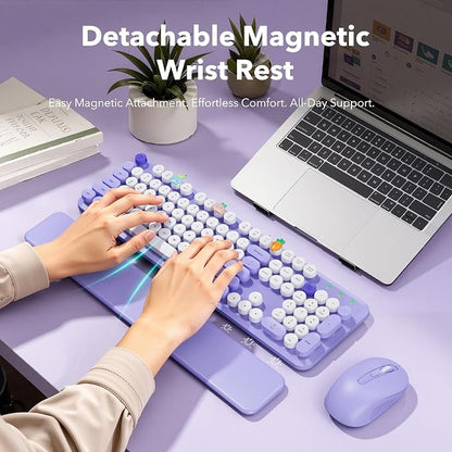 Wireless Keyboard and Mouse Combo, Full-Size Retro Typewriter Keyboard with Round Keycaps, Detachable Magnetic Wrist Rest, Tilt Legs, 2.4GHz Cordless for Mac, Windows PC, Laptop, SABLUTE CK23, Purple