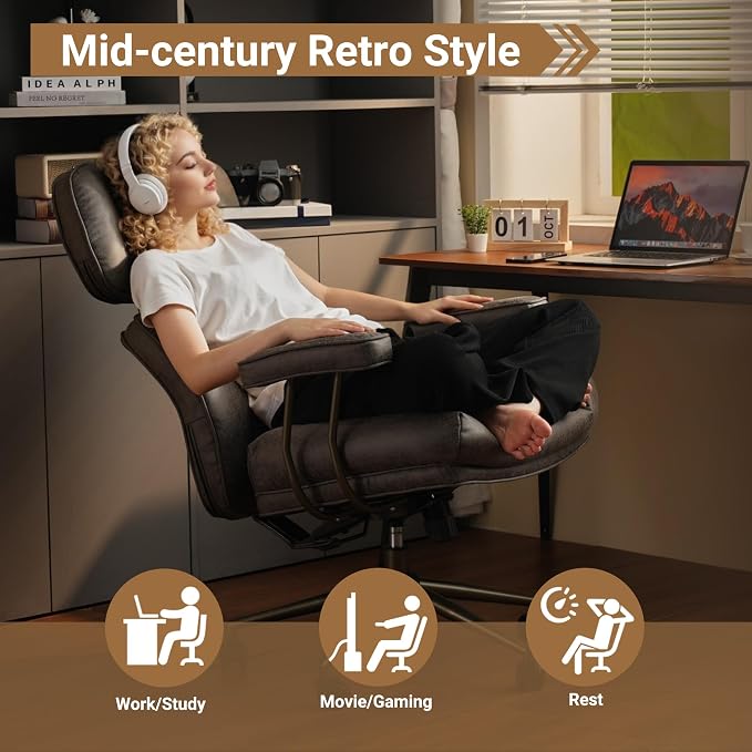 Home Office Chair,Ergonomic Computer Chair with Lumbar Support Adjustable Height,Mid-Century Modern Office Chair with Rolling Swivel Chair for Home Office Game Study(Suede Leather Chair,Brown)