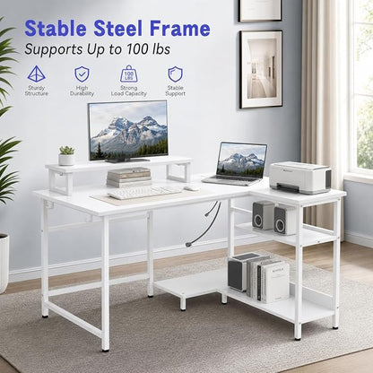 DEVAISE 47" L Shaped Gaming Desk with LED Lights and Power Outlets - Spacious Corner Computer Table with Monitor Stand and Storage Shelves for Work and Gaming, White