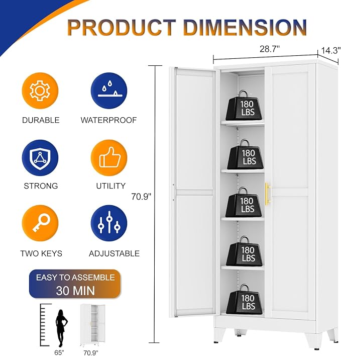 Metal Storage Cabinet with 2 Doors and 4 Adjustable Shelves - 71" Steel File Cabinet,Tool Cabinets for Office,Home,Garage,Gym,School,Bathroom,Kitchen(White)