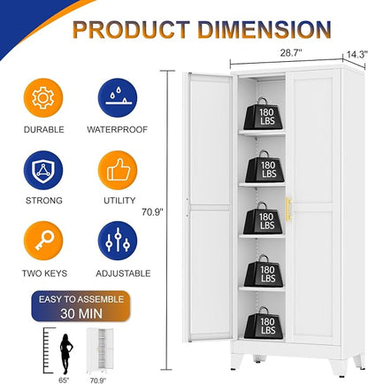 Metal Storage Cabinet with 2 Doors and 4 Adjustable Shelves - 71" Steel File Cabinet,Tool Cabinets for Office,Home,Garage,Gym,School,Bathroom,Kitchen(White)
