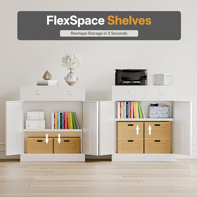 Metal Storage Cabinet, 36 Inch Tall Locking Cabinet with 2 Doors and 2 Drawers, Metal Cabinets with Adjustable Shelf, Garage Cabinets for Kitchen,Garage,Warehouse, White