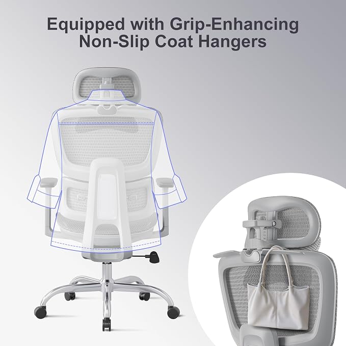 Ergonomic Office Chair with 3D Headrest, Computer Chair with Adjustable Backrest & 3D Armrest, Gaming Chair with Adaptive Lumbar Support, Mesh Backrest & Cushion, Grey