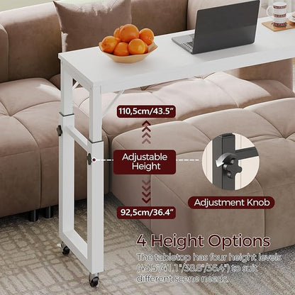 MAHANCRIS Overbed Table with Wheels, Mobile Bed Desk for Queen Size, 36"-43.5" Adjustable Height Rolling Table, Recliner Desk, Mobile Cross Bed for Bedroom, Living Room, Office, White MTWT18001
