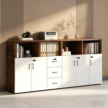 File Cabinet with Password Lock, Wood Lateral Filing Cabinet for Letter/A4 Files, 3 Drawer with Door, Printer Stand with Open Shelves for Home Office