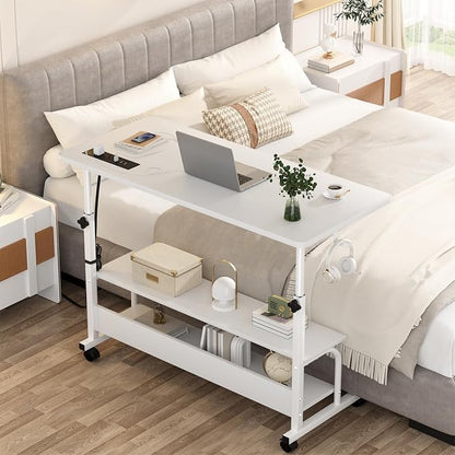 Armocity Rolling Standing Desk with Charging Station, Portable Height Adjustable Mobile Computer Desk with Wheels & 2-Tier Shelves & Hooks, Easy Assembly Laptop Table for Couch Bed, 39" White