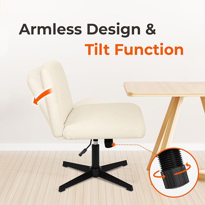 NEO CHAIR Criss Cross Chair No Wheel Vanity Desk Chair Wide Armless Cross Legged Office Comfy Makeup Adjustable Computer Task for Home Office Fabric (Beige)