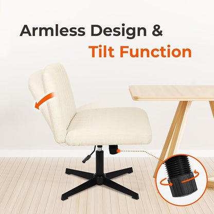 NEO CHAIR Criss Cross Chair No Wheel Vanity Desk Chair Wide Armless Cross Legged Office Comfy Makeup Adjustable Computer Task for Home Office Fabric (Beige)