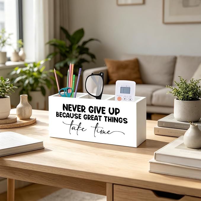 Inspirational Pen Pencil Holder Organizer for Home Office Classroom Desk Accessories, Never Give Up Because Great Things Take Time Motivational Positive Wood Signs for Desk Tabletop Decor