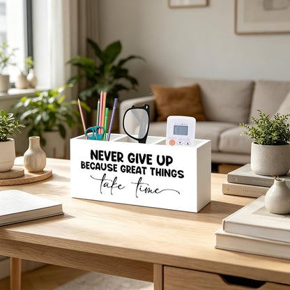 Inspirational Pen Pencil Holder Organizer for Home Office Classroom Desk Accessories, Never Give Up Because Great Things Take Time Motivational Positive Wood Signs for Desk Tabletop Decor