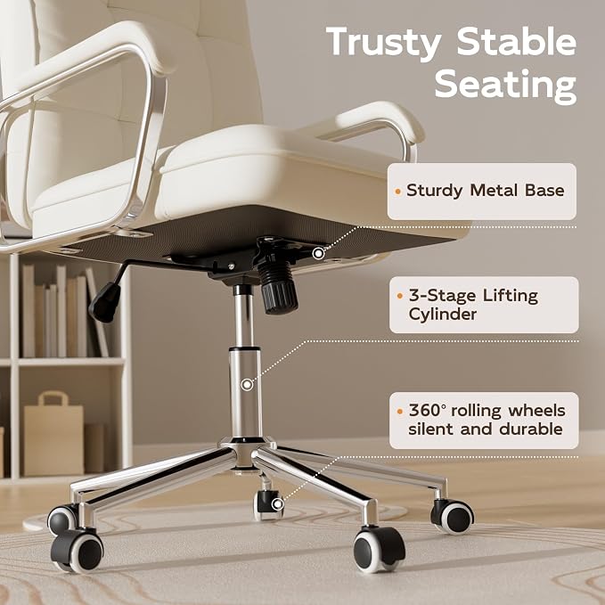HomeZeer White Office Chair, Mid Back Leather Desk Chair with Wheels and Padded Arms, Swivel Vanity Chair for Bedroom, Computer Chair for Study and Work