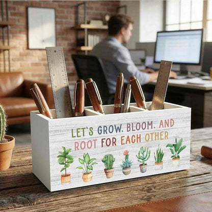 Boho Mental Health Classroom Pencil Pen Holder for Desk Organizer, Let's Grow Bloom and Root for Each Other Motivational Wooden Box Decorations for Therapy Office Desk Tabletop Decor
